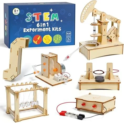 ADUSRIZ STEM Toys Age 8+, Wooden Engineering Science Experiments Kit 6 in 1
