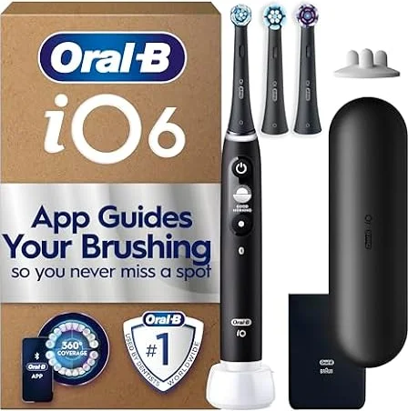 Oral-B iO6 Electric Toothbrush, Black, with Travel Case and Spare Heads