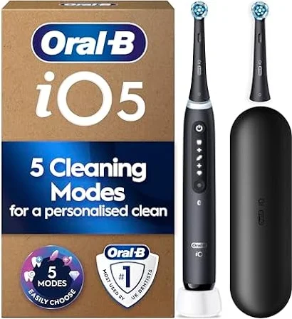 Oral-B iO5 Electric Toothbrush, Black, with Travel Case and Spare Head | 2 Brush Heads, Toothbrush for Adults with Travel Case, 5 Modes, Teeth Whitening, UK Two Pin Plug