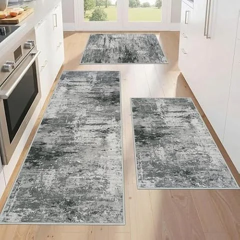 Edlbaegy 3 Pieces Kitchen Rug Runner Non-Slip Washable Kitchen Mat for Floor Modern Low Pile Carpet Runner for Entrance Door Hallway Laundry Grey 50x120cm+50x80cm+50x80cm