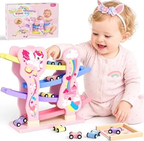 Toyzey Wooden Toys Cars Ramp Race Tracks, Unicorn Gifts for Girls Age 1 2 3 Year Olds Girl Gifts for 1 2 3 Year Olds Toddler Toy Age 1 2 Montessori Toys for 1 Year Old Birthday Gifts Baby Toy Pink