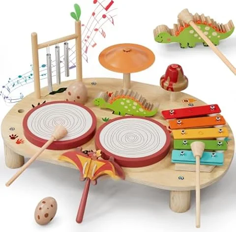 Lehoo Castle Wooden Dinosaur Kids Drum Kit for 1-3 Year Old | Baby Toddler Musical Instruments with Drums Xylophone Castanet, Montessori Educational Toys Gifts 12M+
