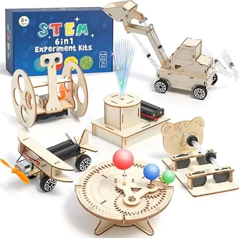 ADUSRIZ STEM Toys Age 8+, Wooden Engineering Science Experiments Kit 6 in 1