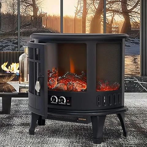 INMOZATA Electric Fire Stove Heater with Realistic LED Log Fire Flame Effect, Adjustable Thermostat, Flame Dimmer, Overheat Protection, 1800W
