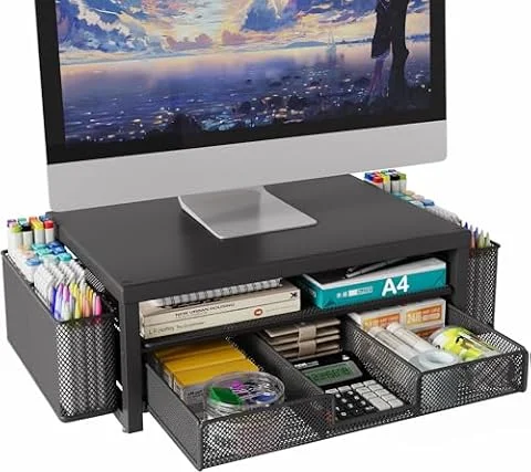 BOKIOVIN Metal Monitor Stand Riser with Drawer & 2 Pen Holders for Desk, Office Desk Accessories Organiser & Computer Screen Stand for Printer (Black)